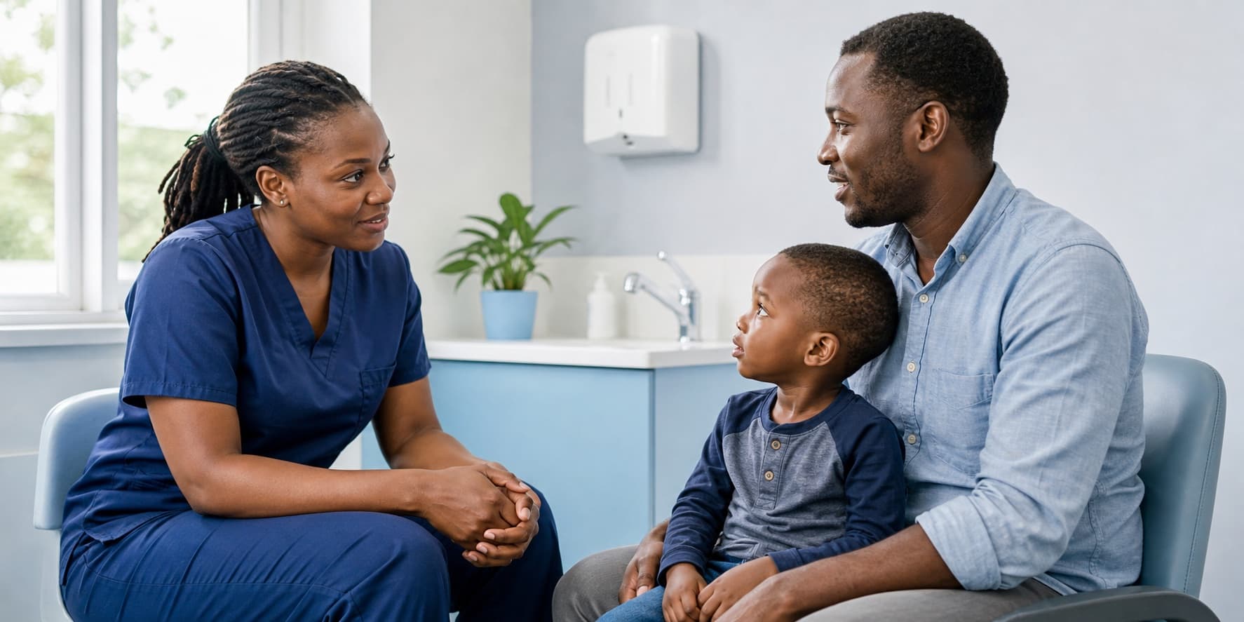 A CherryHealth clinician listening to a father and child