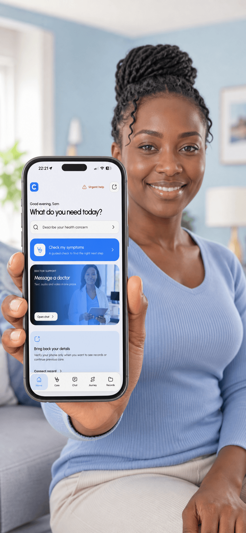 A CherryHealth member holding a phone with the CherryHealth app home screen open